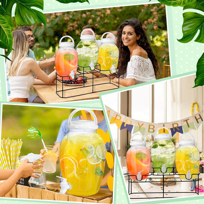 Tanlade 3 Pcs Plastic Drink Dispenser with Spigot and Metal Stand 1.2 Gallon Beverage Dispenser for Parties Juice Dispensers Lemonade Jar with Lids for Cold Drink Tea Water Container
