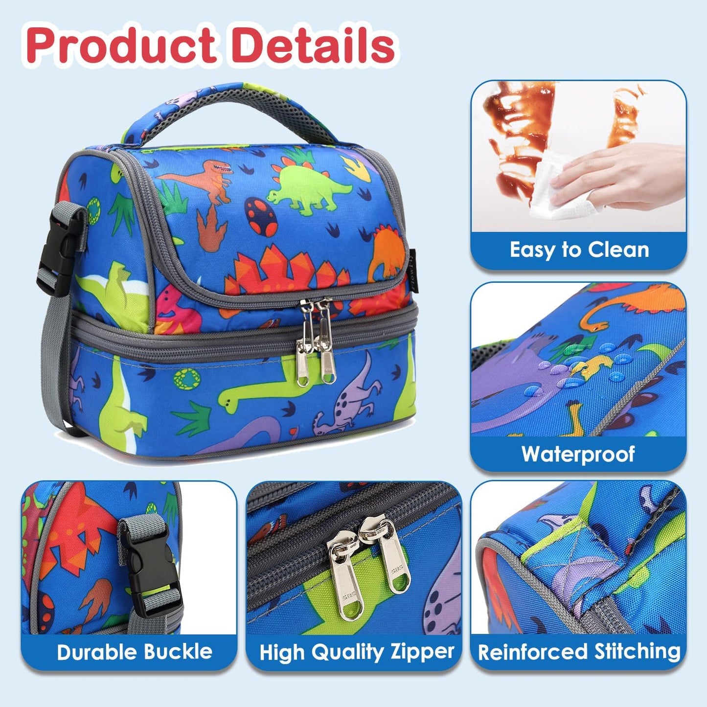 FlowFly Kids Double Decker Cooler Insulated Lunch Bag Large Tote for Boys, Girls, Men, Women, With Adjustable Strap, Unicorn