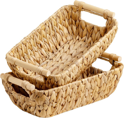 StorageWorks Hand-Woven Storage Baskets with Wooden Handles, Water Hyacinth Wicker Baskets for Organizing, 2 Pack