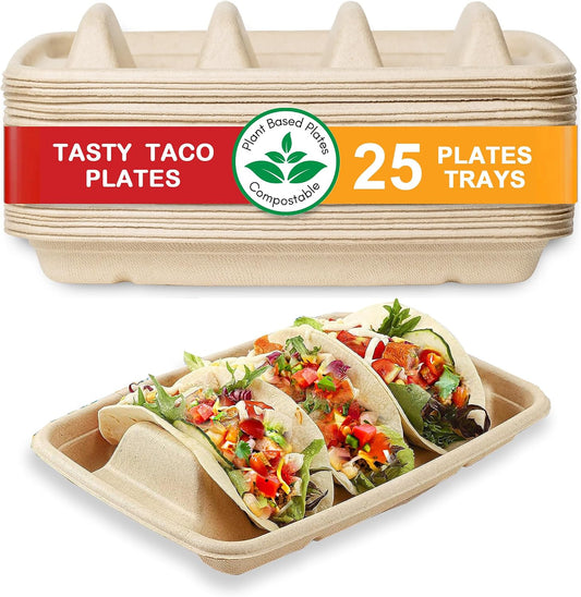 Tasty Taco™️ Taco Plates Disposable – 25 PACK | Premium Paper Taco Plates with Dividers, Fiesta Taco Holder, Taco Stand for Taco Tuesday & Taco Bar Serving Set (25 Plates)