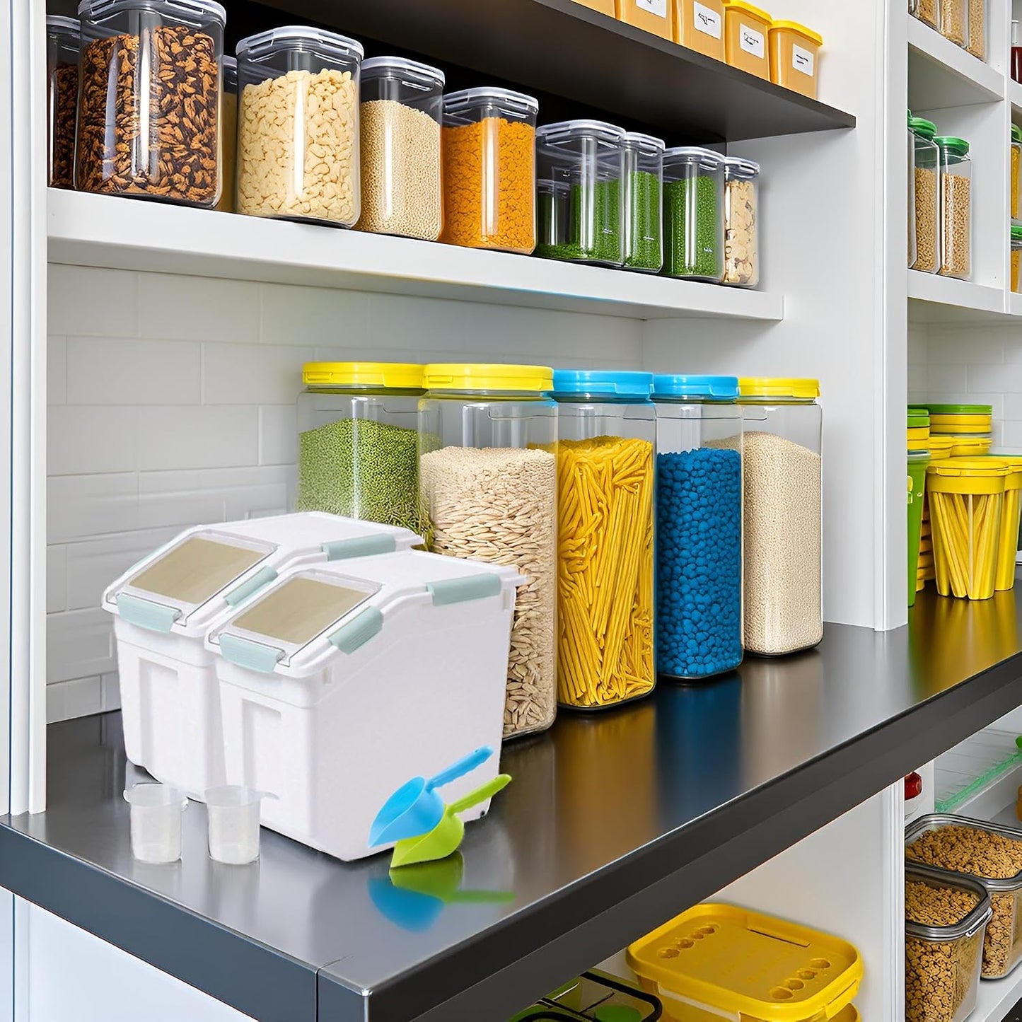Saim Rice Container 25 lbs, Large Airtight Flour Storage Container with Wheels Measuring Cup, 2 Pack a Set BPA free Food Bin Grain Organizer Box for Dry Baking Supplies Kitchen Pantry Cereal (Gray)