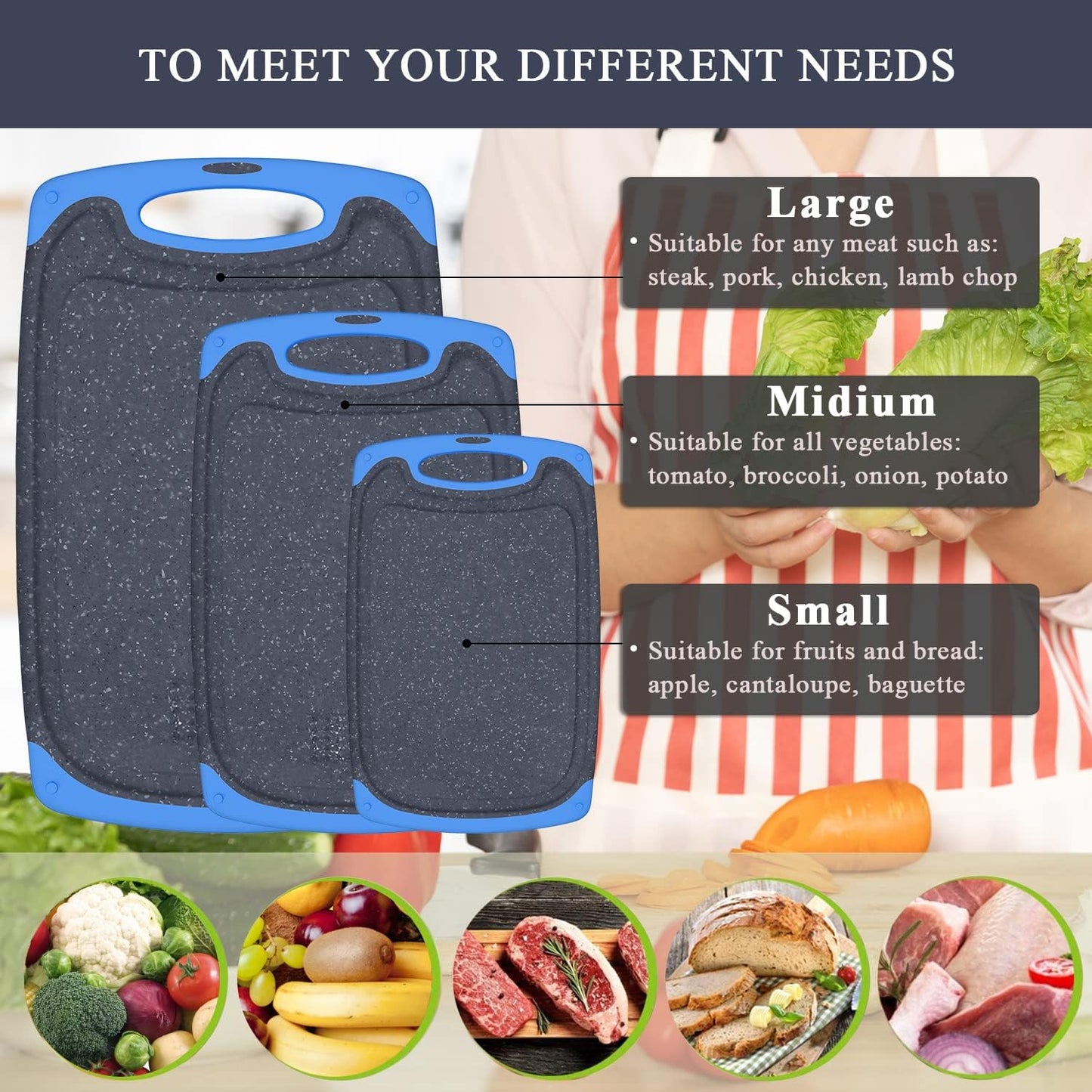 Viretang Plastic Cutting Boards Set of 3 Extra Large for Kitchen, Thick Chopping Board with Deep Juice Grooves, Non‑Slip Feet, Easy Grip Handle, BPA Free, Dishwasher Safe,Black