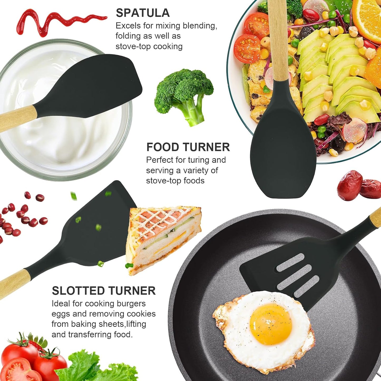 12 pcs Silicone Cooking Utensils Kitchen Utensil Set with Holder Heat Resistant Silicone Spatula Turner Set Wooden Spoons Kitchen Gadgets Tools Cooking Utensils for Nonstick Cookware (White)