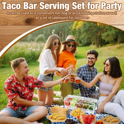 Sliner Taco Bar Serving Set for Party, Ice Chilled Condiment Caddy with 5 Containers, 50 Paper Food Trays, Scoop Spoons Clip, Fruit Salad Chilled Tray for Taco Mimosa Bar Party Beach Picnic Outdoor