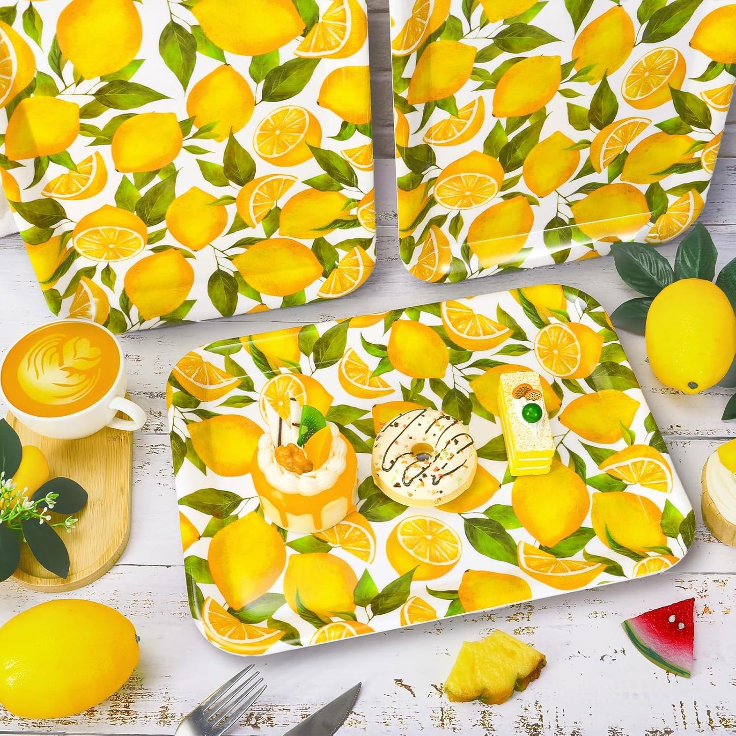 JarThenaAMCS 3Pcs Lemon Serving Trays Reusable Serving Dishes Watercolor Yellow Lemon Platter for Summer Fruit Birthday Party Serving Food Snacks Fruits Dessert