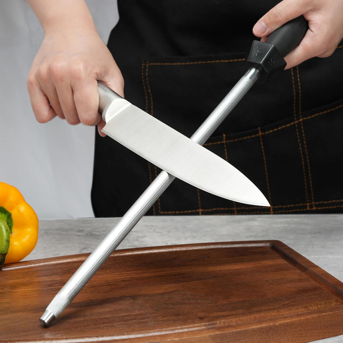 12-Inch Knife Sharpening Rod, Fine Carbon Honing Steel, Black Handle
