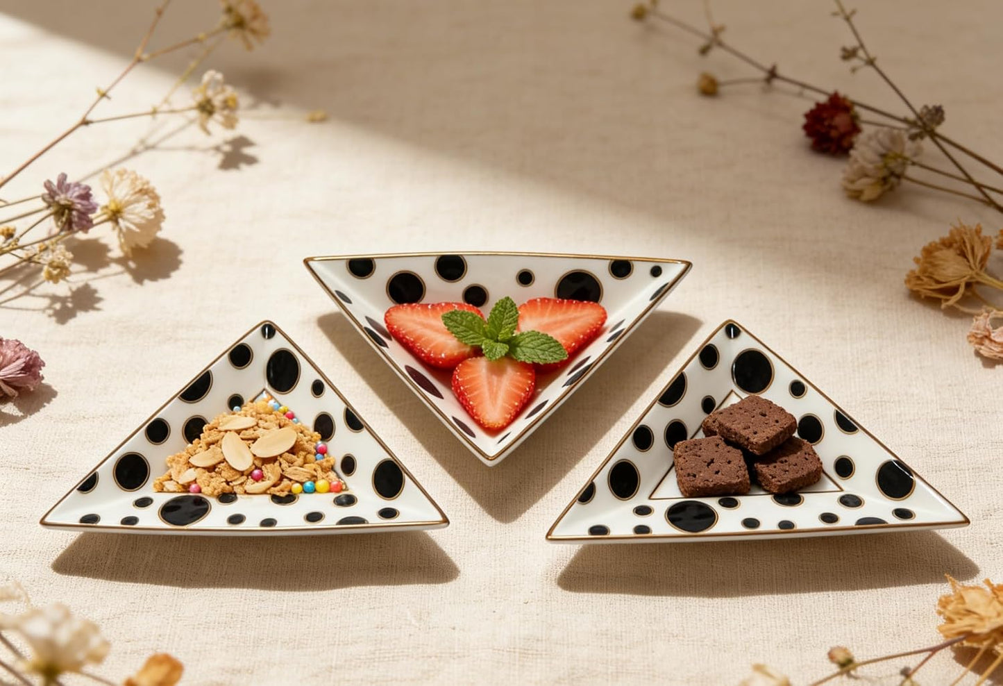 Porlien Triangle Porcelain Divided Serving Tray Set of 3 with Stand, Black and White Polka Dot Serving Platters, Small Plates for Desserts, Appetizers,Snacks, Fruits,Chips & Dip