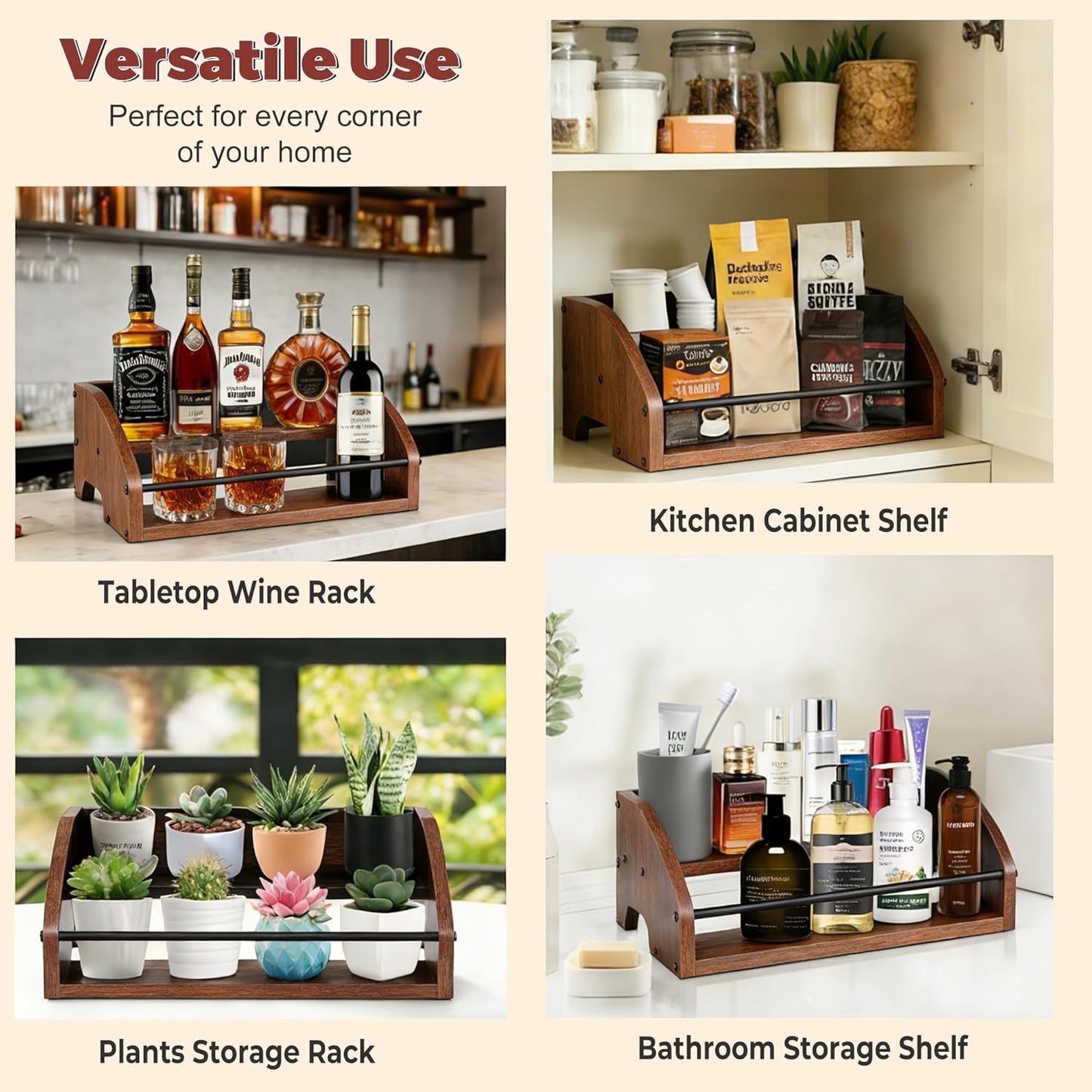 Countertop Liquor Bottle Organizer Shelf, 3-Tier | Rustic Display Rack, For Wine & Coffee Syrups, Freestanding Bar and Kitchen Storage, Easy-Carry Handles