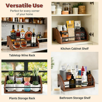 Countertop Liquor Bottle Organizer Shelf, 3-Tier | Rustic Display Rack, For Wine & Coffee Syrups, Freestanding Bar and Kitchen Storage, Easy-Carry Handles