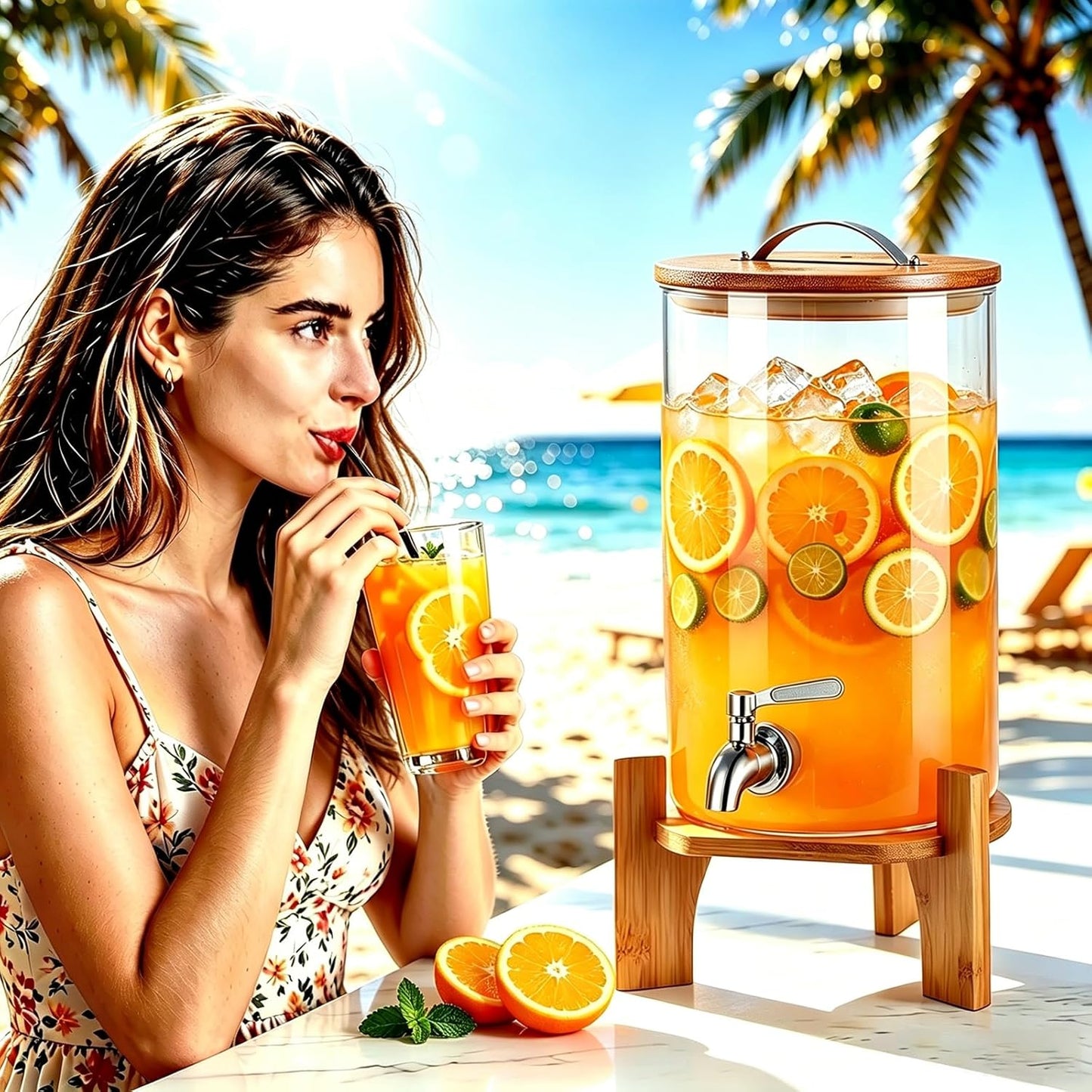 Beverage Dispenser,2.1 Gallon Glass Drink Dispenser with Stand,Glass water dispenser with Spigot, Large Drink Dispensers for Parties,Water Dispensers for Bar,Wedding,Restaurants 8L