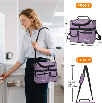 Tirrinia Reusable Lunch Box for Men Women, Insulated Lunch Bag Adult Work, Double Decker Leakproof Lunchbox for Office Picnic Beach—Dual Compartment Lunch Cooler Bag