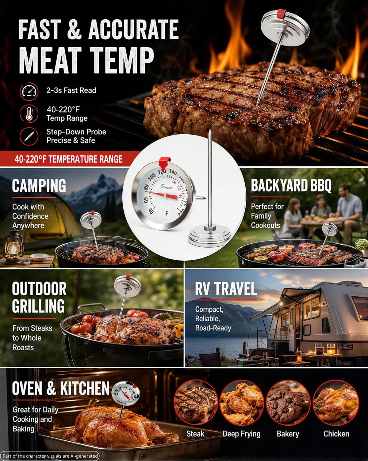 Oven Thermometer 2.75-Inch Dual Scale, 50-300°C/100-600°F, NSF 2‑Pack
