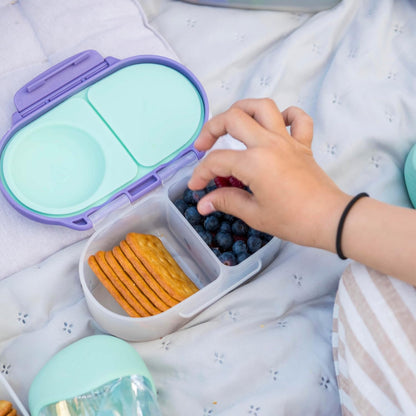 b.box Snack Box 2-Pack - Leak Proof Mini Bento Box for Kids & Toddlers, 2 Compartment Snack Containers for Kids, Dishwasher Safe, BPA-Free, PFAS-Free, Ages 4mo+, 1 3/4 Cup Each (Strawberry + Lilac)
