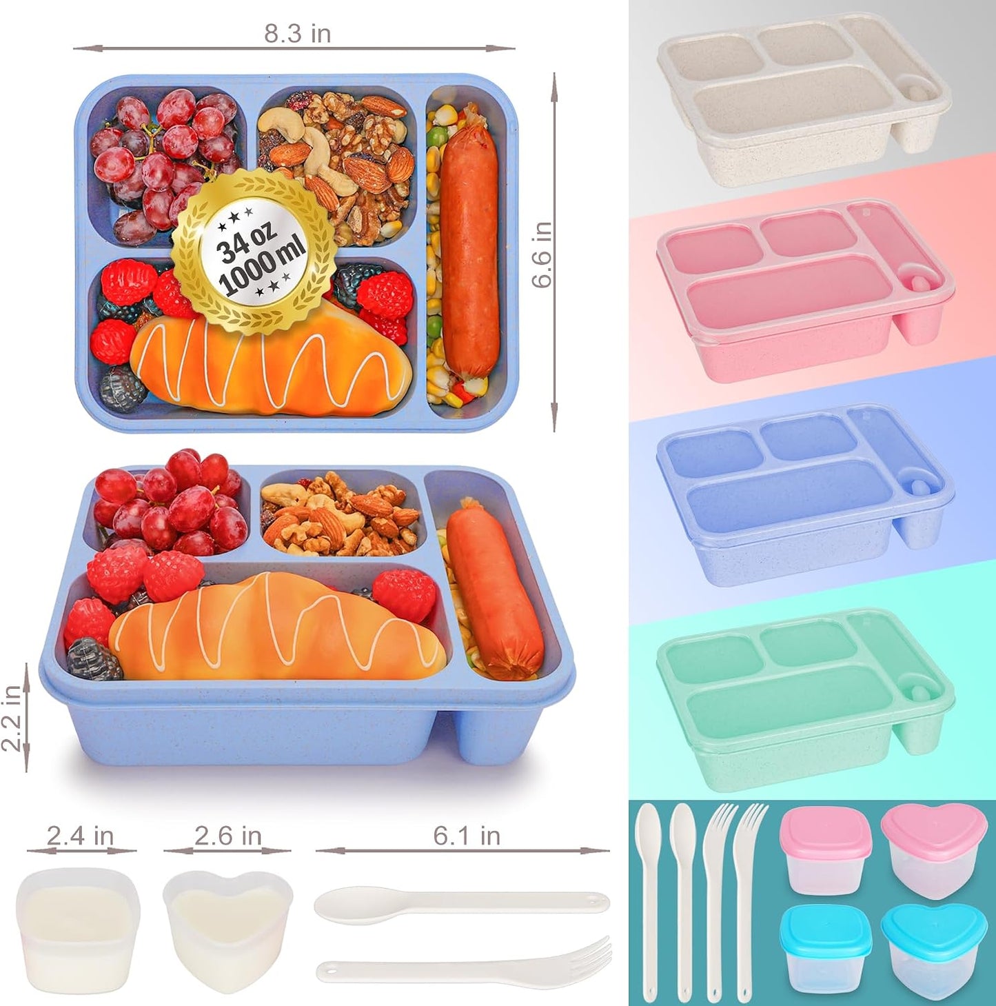 TOUWMX 36OZ Bento Box for Kids Lunchable Container with Utensils & Dressing Container, Reusable 4 Compartments Meal Prep Containers Bento Lunch Box Snackle Box Container 4 Pack Snack Containers