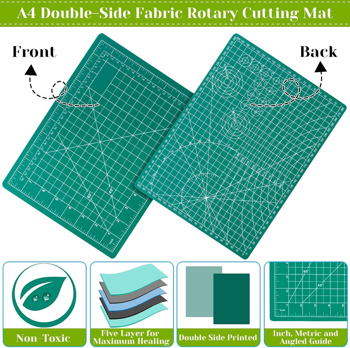 Rotary Cutter and Mat Set, Audab Self Healing Sewing Mats Shirt Cutter 45mm Fabric Cutter Wheel with 2 Blades Rotary Cutting Mat for Crafts Fabric Quilting Hobby (9" x 12" (A4)