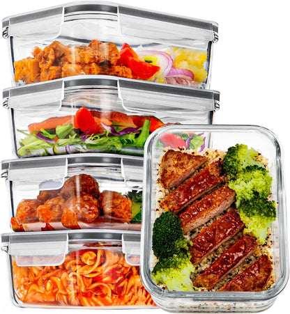 Vtopmart 10 Pack 35oz Glass Food Storage Containers with Lids, Meal Prep Containers, Airtight Reusable Lunch Container Set, Safe for Oven, Microwave, Freezer, and Dishwasher, Grey