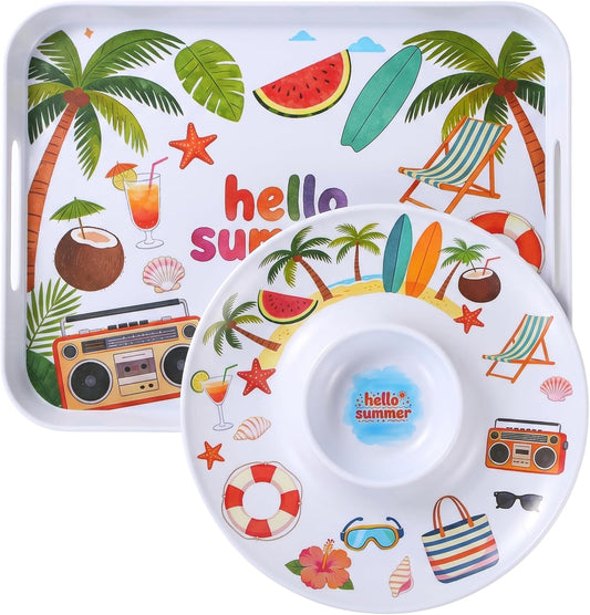 2 Pcs Serving Tray - 16'' Melamine Rectangle Tray with Handle and 13'' Chip and Dip Set of 2，Extra-Large Melamine Serving Platter for Eating, Appetizer, Snack, Fruit, Desserts，Happy Summer
