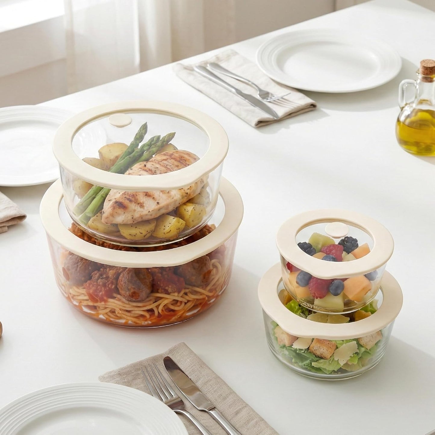 Urban Green Glass Food Container Set with Glass Lid, 4 Pack, Food Storage Containers Set, Airtight, LeakProof, 100% Plastic Free, Meal Prep Containers (White Color)