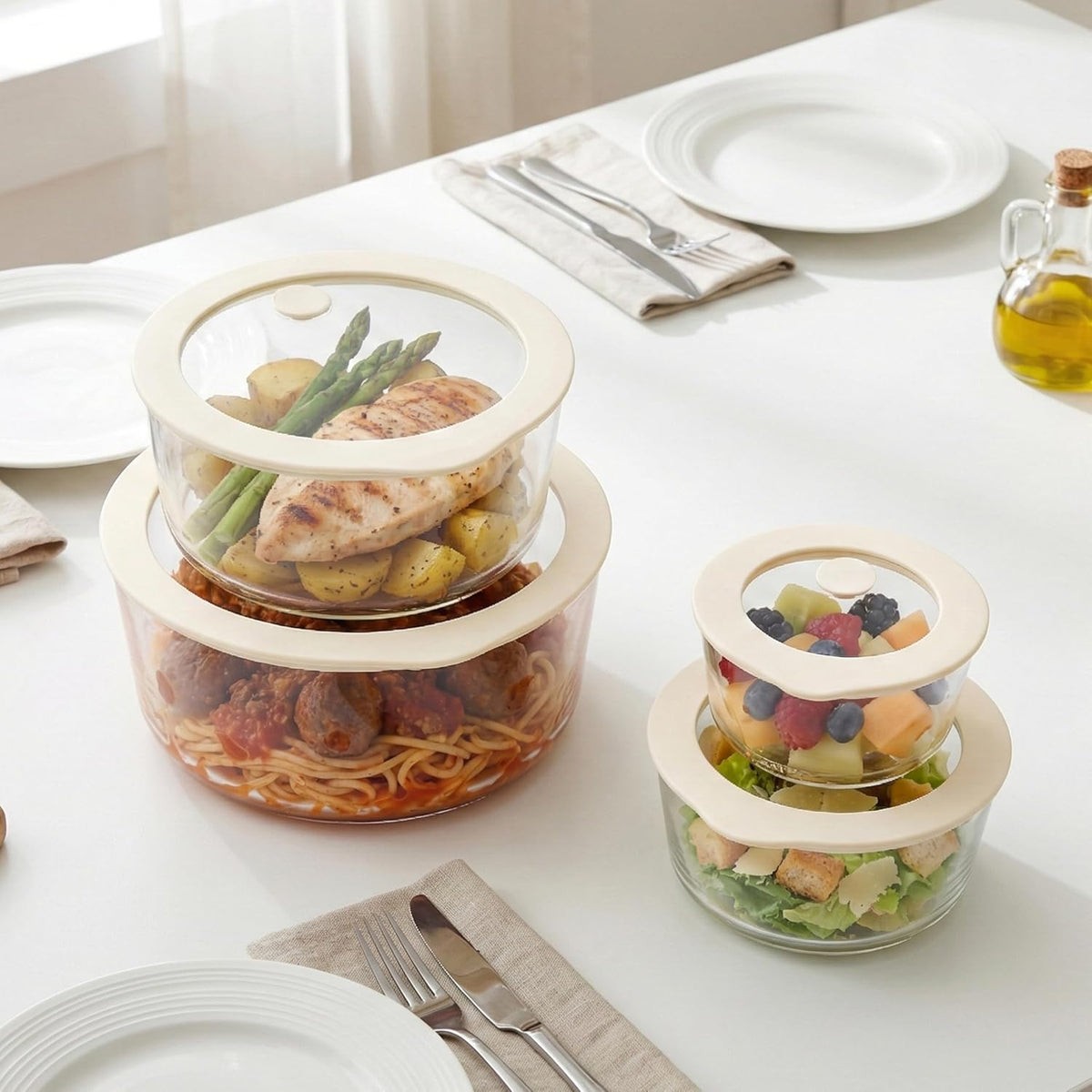 Urban Green Glass Food Container Set with Glass Lid, 3 Pack, Food Storage Containers Set, Airtight, LeakProof, 100% Plastic Free, Meal Prep Containers (White Color)