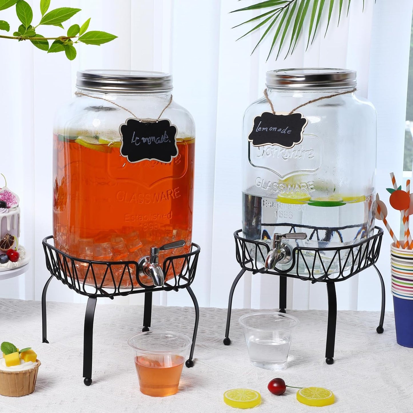 Sliner 2 Pack 2 Gallon Glass Drink Dispenser with Stand Glass Beverage Dispenser Water Juice Drink Containers for Parties with Stainless Steel Spigot Hanging Chalkboard(Stainless Steel)