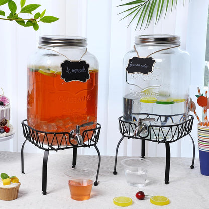 Sliner 2 Pack 2 Gallon Glass Drink Dispenser with Stand Glass Beverage Dispenser Water Juice Drink Containers for Parties with Stainless Steel Spigot Hanging Chalkboard(Stainless Steel)