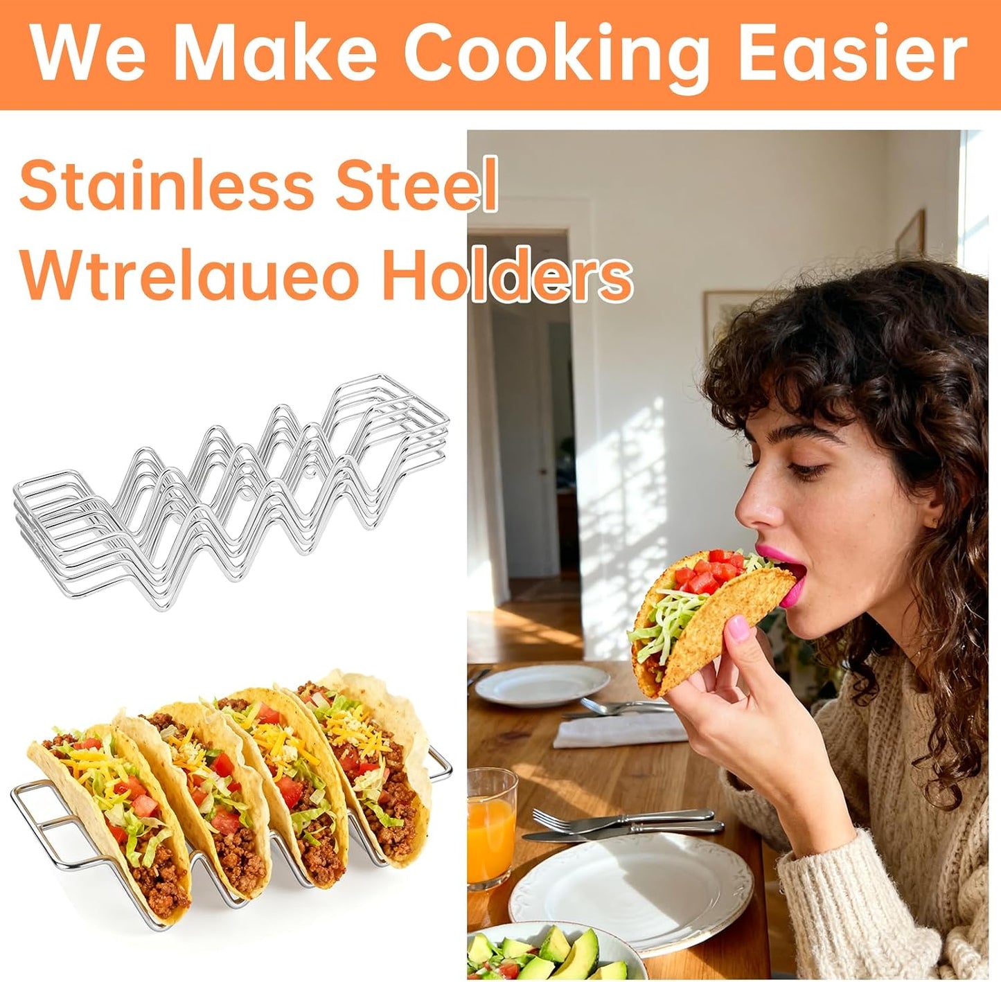 Taco Holders set of 4, Stainless Steel Taco Shell Holder Stand Rack, Holds 4 Tortillas Each, Taco Tray Plates for Taco Bar, Oven Safe for Baking, Dishwasher and Grill Safe, Taco Holders Rack