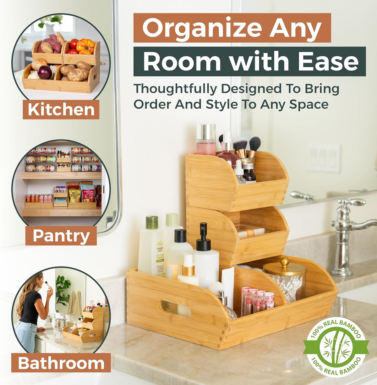 Potato and Onion Storage Bin for Pantry and Kitchen Counter - Ventilated Stackable Bamboo Organizer Baskets with Handles