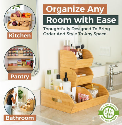 Potato and Onion Storage Bin for Pantry and Kitchen Counter - Ventilated Stackable Bamboo Organizer Baskets with Handles