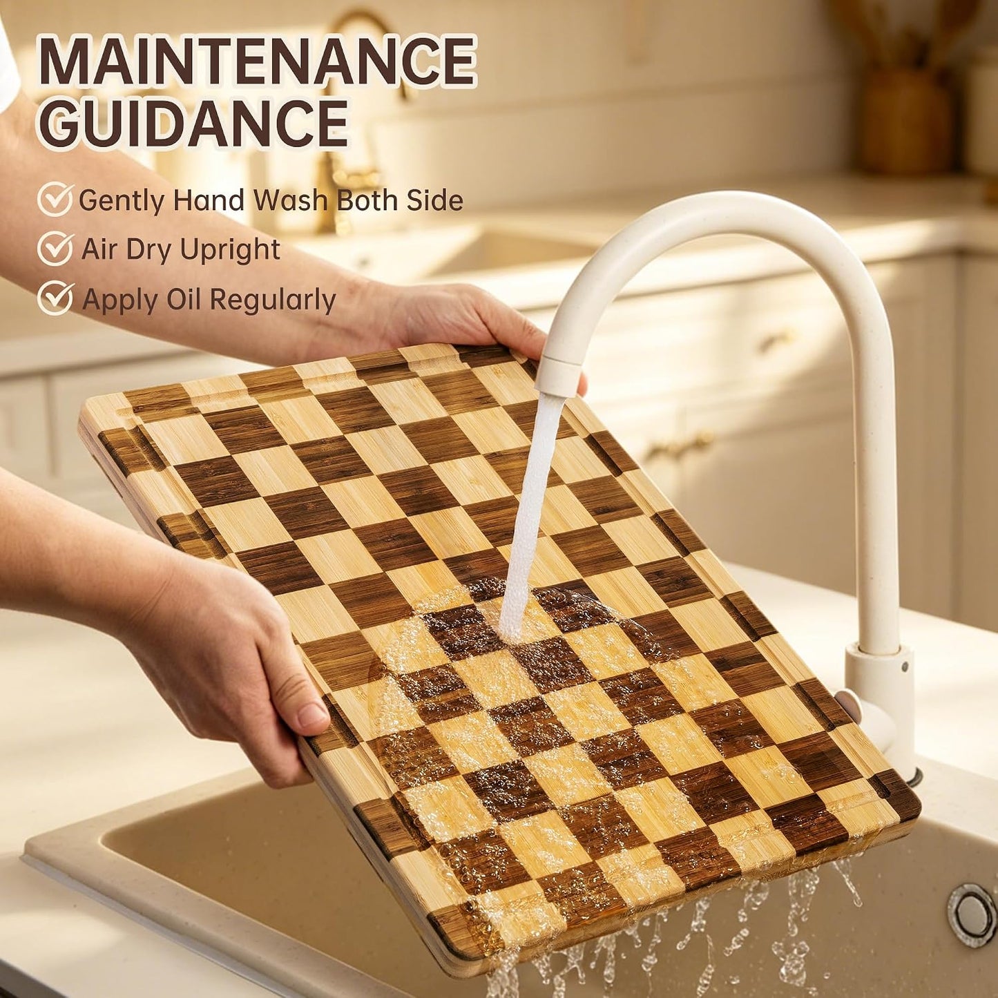THETCHRY Bamboo Cutting Board Set, Checkered Wood Cutting Boards for Kitchen with Juice Groove, Non Toxic Wooden Charcuterie Boards, Non Slip Chopping Board for Meat Fruit Cheese, Housewarming Gift