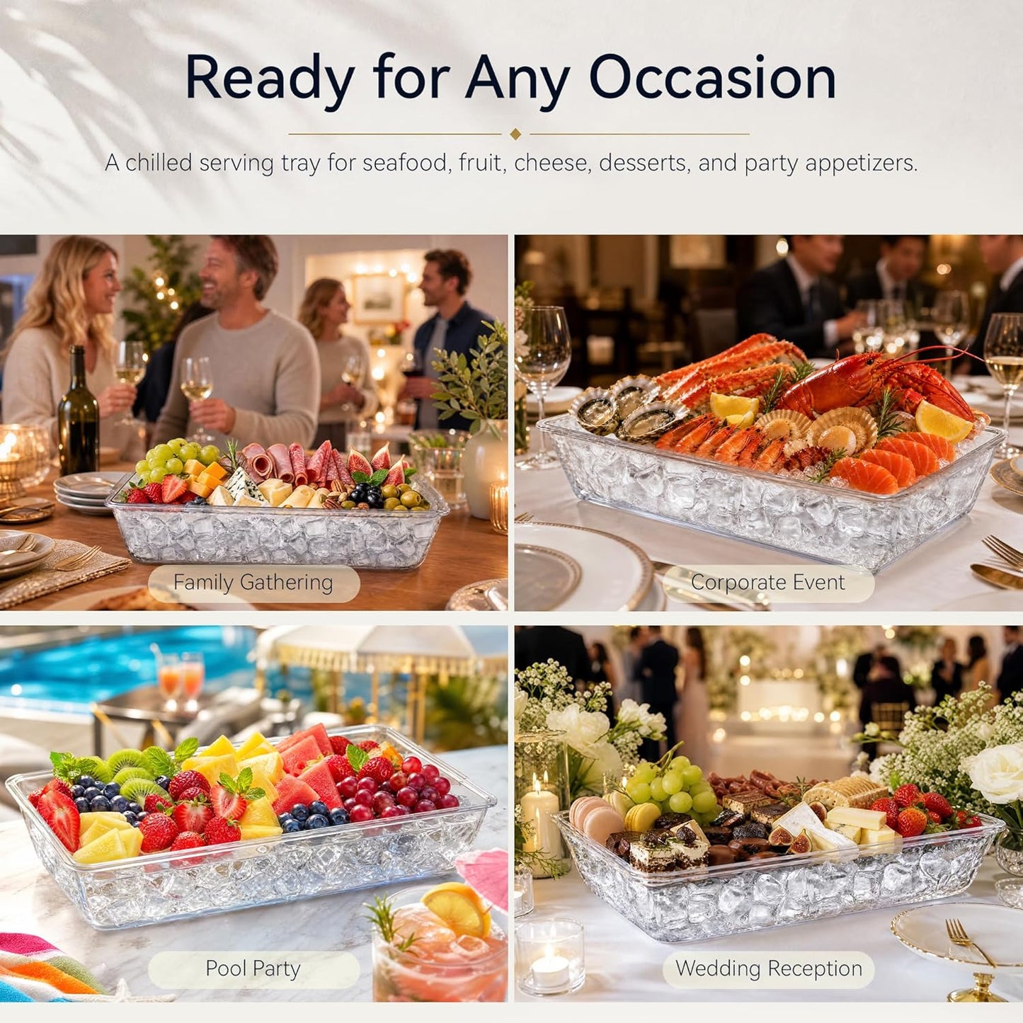2 Pack Chilled Serving Tray with Ice Chamber, Clear PET Appetizer Platter Set with Stainless Steel Tongs, Fruit Forks & Ice Scoop, Cold Food Tray for Seafood, Fruit, BBQ & Pool Parties