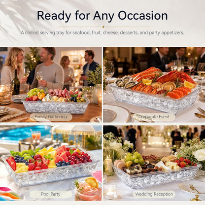 2 Pack Chilled Serving Tray with Ice Chamber, Clear PET Appetizer Platter Set with Stainless Steel Tongs, Fruit Forks & Ice Scoop, Cold Food Tray for Seafood, Fruit, BBQ & Pool Parties