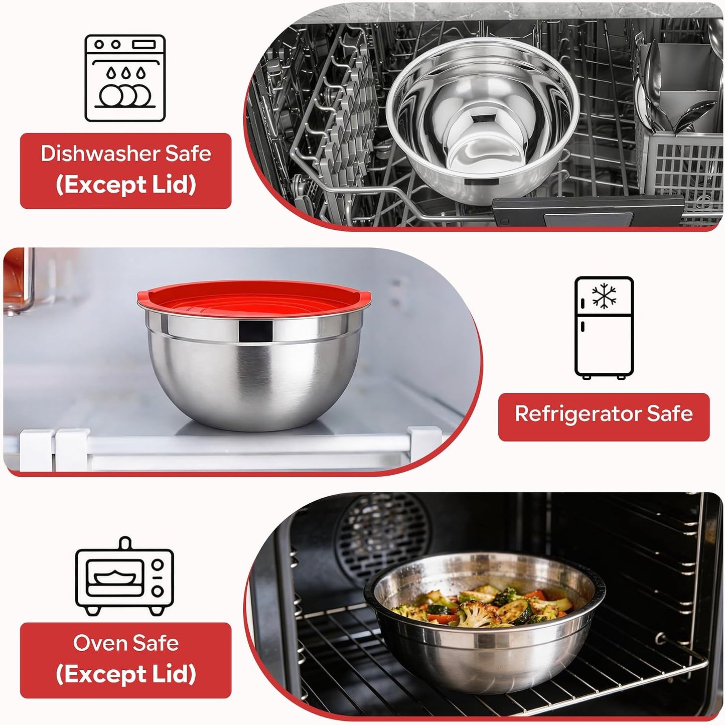 E-far Mixing Bowls With Lids Sets of 5, 10-Piece Stainless Steel Salad Metal Nesting Bowl for Baking Cooking and Prepping, Airtight Lid & Stackable Design, Size 4.6, 3, 2.1, 1.5, 0.7 QT, Black