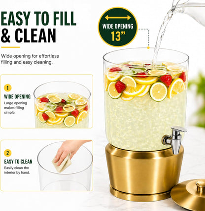 Drink Dispenser with Ice Chambers, Lemonade Tea Water Dispenser with Spigot, Stainless Steel Beverage Jar Jug, Perfect for Home Parties, Weddings, Gifts & Events (Gold, 3, Gallons)