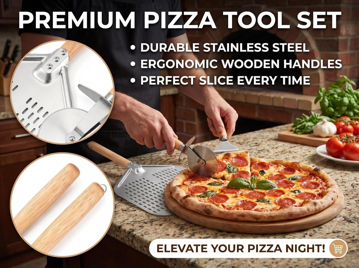Perforated Pizza Peel Set, 12 x 14 Inch Stainless Steel Paddle with Detachable Wood Handle, Includes Peel, Cutter and Turner, 3 Piece