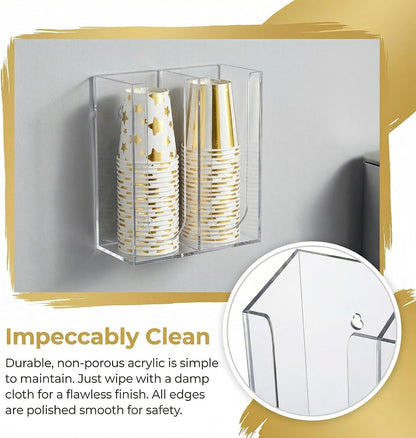 Acrylic Coffee Cup and Lid Storage Organizer Holder, 2 Compartments Disposable Paper Cup Dispenser, Clear Plastic Cups and Lids Organizer for Kitchen, Countertop, Coffee Bar