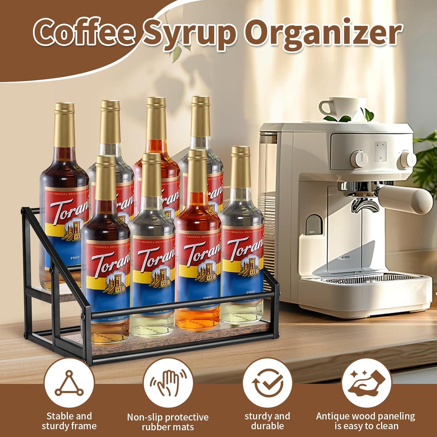 YQBRAO Coffee Syrup Rack Organizer,Liquor Bottle Display Shelf,2-Tier 4 Bottle Stand for Coffee Bar, Kitchen Station, Liquor, Wine, Dressing,Rustic Brown