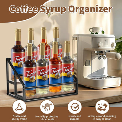YQBRAO Coffee Syrup Rack Organizer,Liquor Bottle Display Shelf,2-Tier 4 Bottle Stand for Coffee Bar, Kitchen Station, Liquor, Wine, Dressing,Rustic Brown