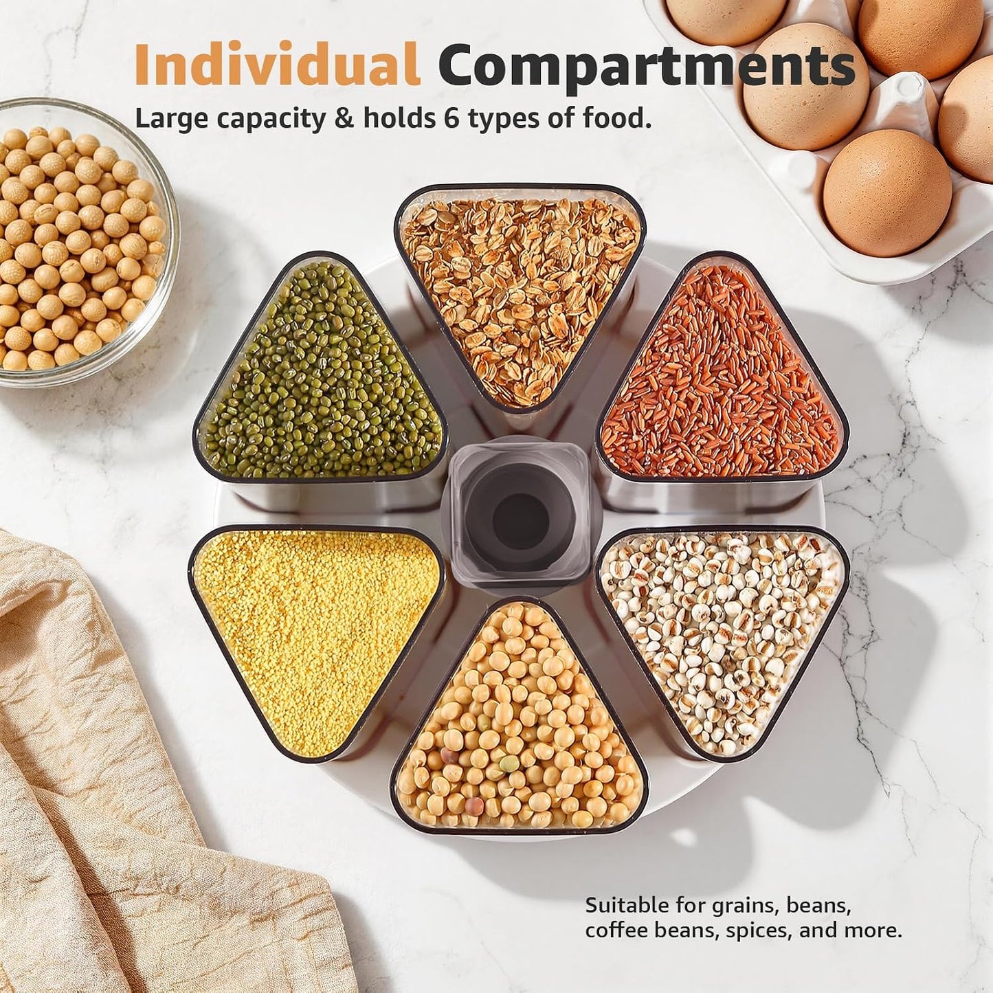 Rotating Grain Dispenser with Manual Vacuum Pump - 6-Grid Vacuum-Storage Canister Set, Food Storage Bins for Cereal, Rice, Beans & Bulk Dry Food Pantry Organization