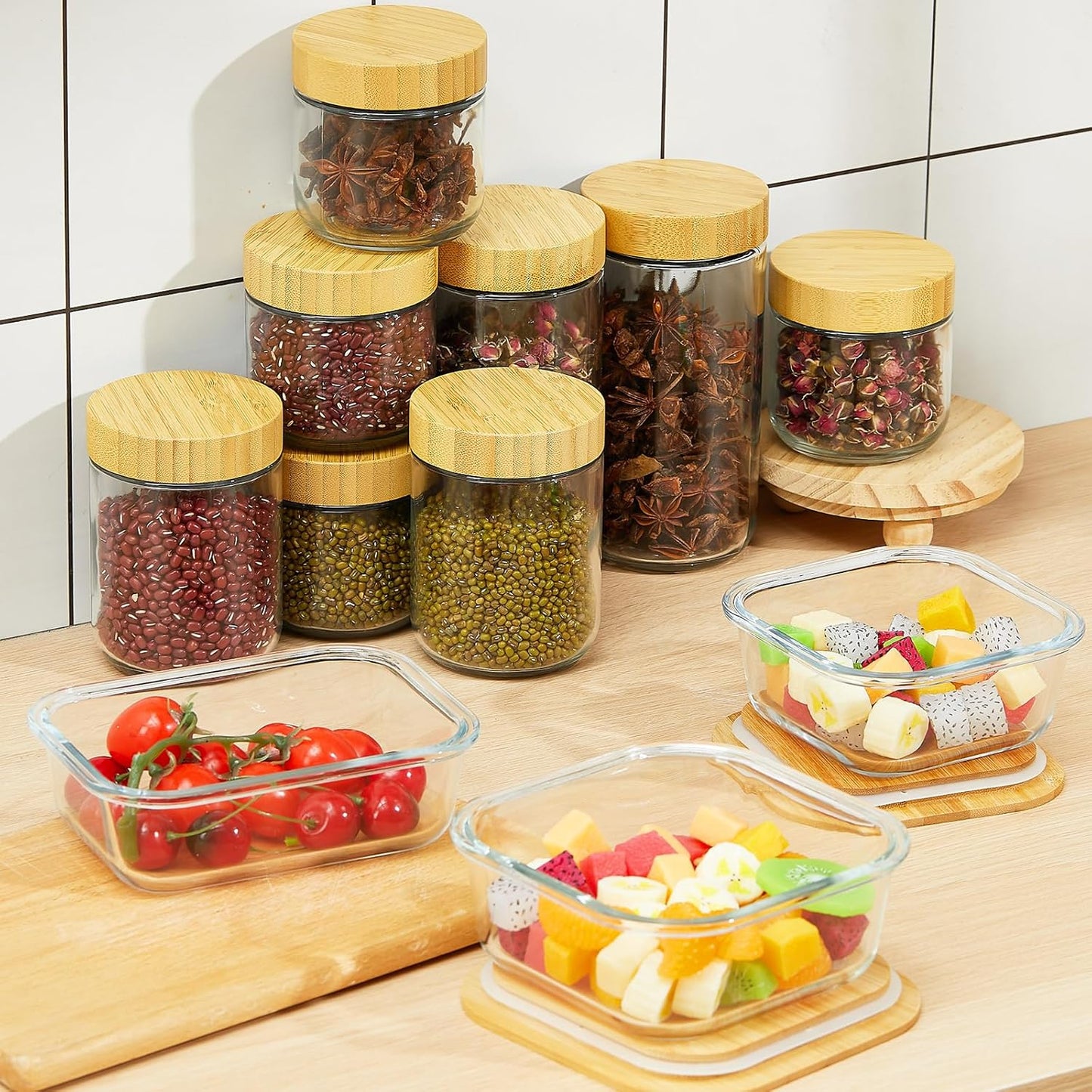 Suclain 12 Pcs Airtight Glass Food Storage Containers with Bamboo Lids Set Including 4 Pieces Meal Prep Glass Containers Lunch Bento Boxes and 8 Pieces Overnight Oats Jars Snack Storage Salad Jars