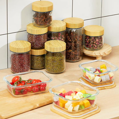 Suclain 12 Pcs Airtight Glass Food Storage Containers with Bamboo Lids Set Including 4 Pieces Meal Prep Glass Containers Lunch Bento Boxes and 8 Pieces Overnight Oats Jars Snack Storage Salad Jars