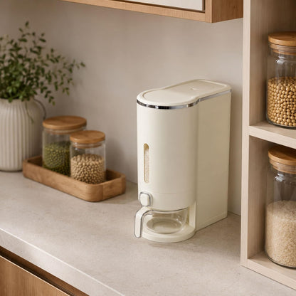 ROOM127 Slim Rice Dispenser 11 Lbs, Airtight Rice Storage Container with Measuring Cup, One-Touch Dry Food & Cereal Dispenser with Clear Window for Kitchen Countertop, Milk Tea Brown