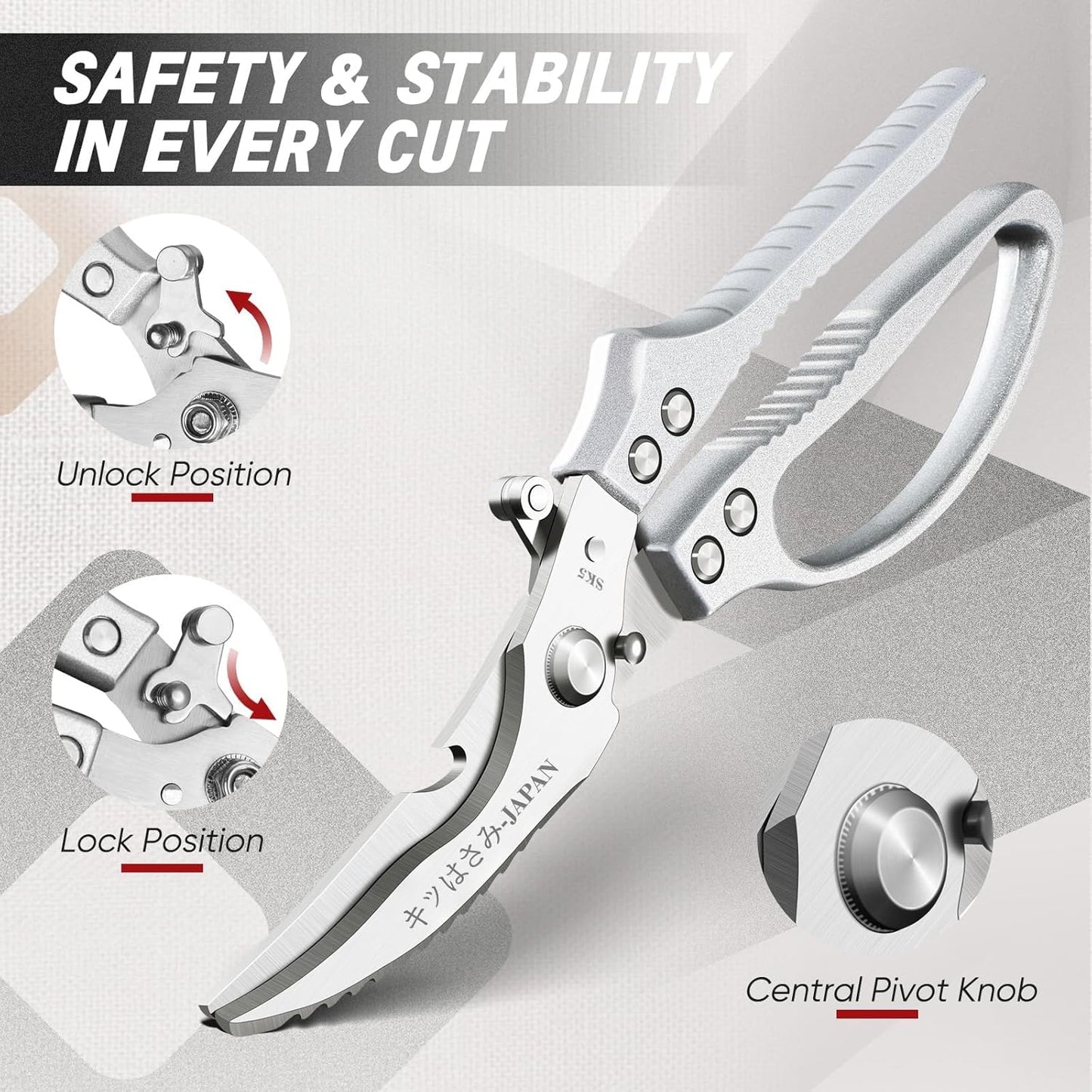 TIVOLI Kitchen Scissors Set Silver,Japanese Stainless Steel Kitchen Shears for Food, Heavy Duty Poultry Shears, Food Scissors for Meat,Chicken Bones and Turkey,Ideal Gift