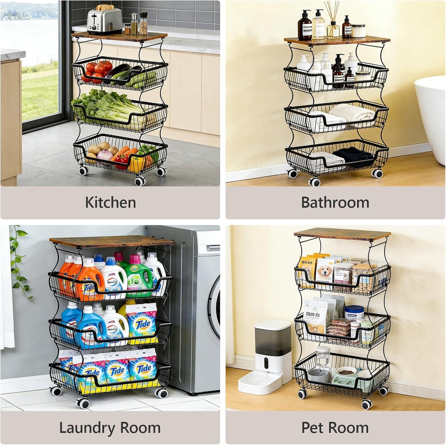 2 Pack 3-Tier Rolling Kitchen Storage Cart Fruit Basket Stand for Vegetables & Snacks Stackable Wire Pantry Floor Organizer with Wheels for Kitchen, Living Room, Bedroom, Office (Black)