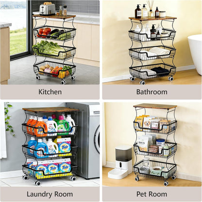 2 Pack 3-Tier Rolling Kitchen Storage Cart Fruit Basket Stand for Vegetables & Snacks Stackable Wire Pantry Floor Organizer with Wheels for Kitchen, Living Room, Bedroom, Office (Black)