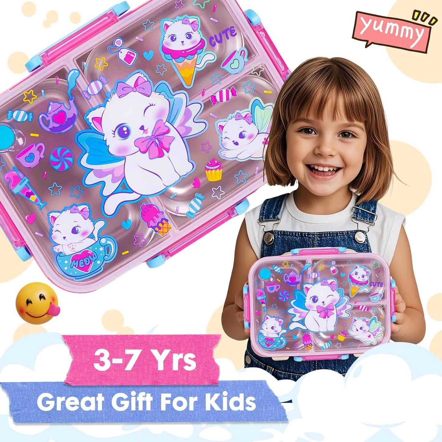 Stainless Steel Bento Lunch Box for Kids, 800ml/27oz BPA-Free Leak-Proof Food Containers with 3 Compartments, Freezer & Dishwasher Safe, Back to School Students Lunches Size for Ages 3-7