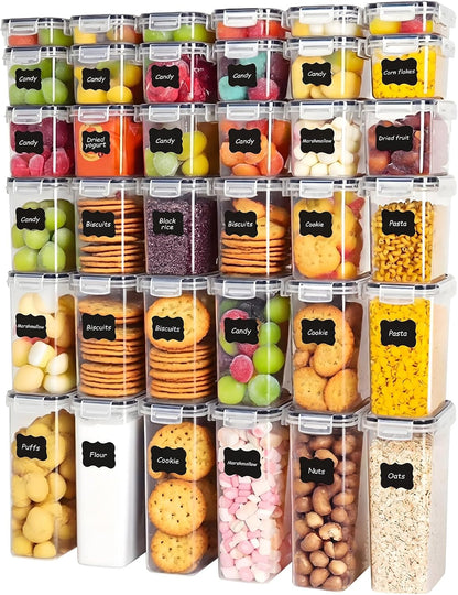 24 PCS Airtight Food Storage Containers with Lids, BPA Free Clear Plastic Kitchen and Pantry Organization and Storage Set for Flour, Sugar, Cereal, Pasta, Includes 24 Labels and Marker