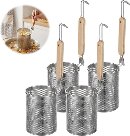 4 Pcs Stainless Steel Pasta Strainer Basket, Metal Noodle Strainer Basket with Wooden Handle, Pasta Baskets for Cooking, Boiling, Draining, Deep Mesh Sieve for Spaghetti, Dumplings, Vegetables