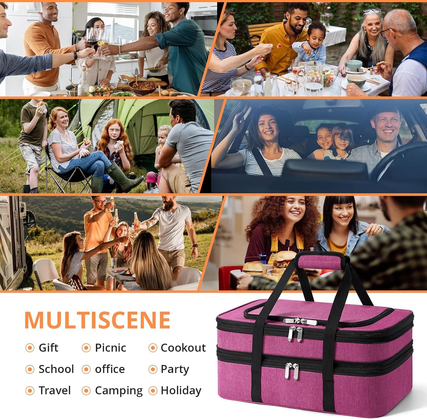 Double Insulated Casserole Carrier - Portable Casserole Carriers for Hot or Cold Food Lunch Tote Warmer or Cooler Bag for Potluck Parties Picnic Cookouts, Fits 9" x 13" Baking Dish - Grey