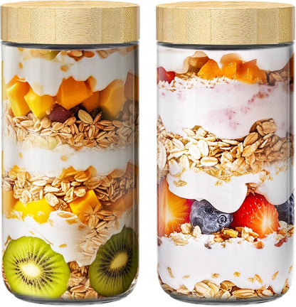 6 Pack 16oz Overnight Oats Containers with Bamboo Lids, Glass Jars with Airtight Lids for Meal Prep, Wide Mouth Mason Salad Jars, Glass Food Storage Container for Yogurt Chia Snacks Spice Sugar
