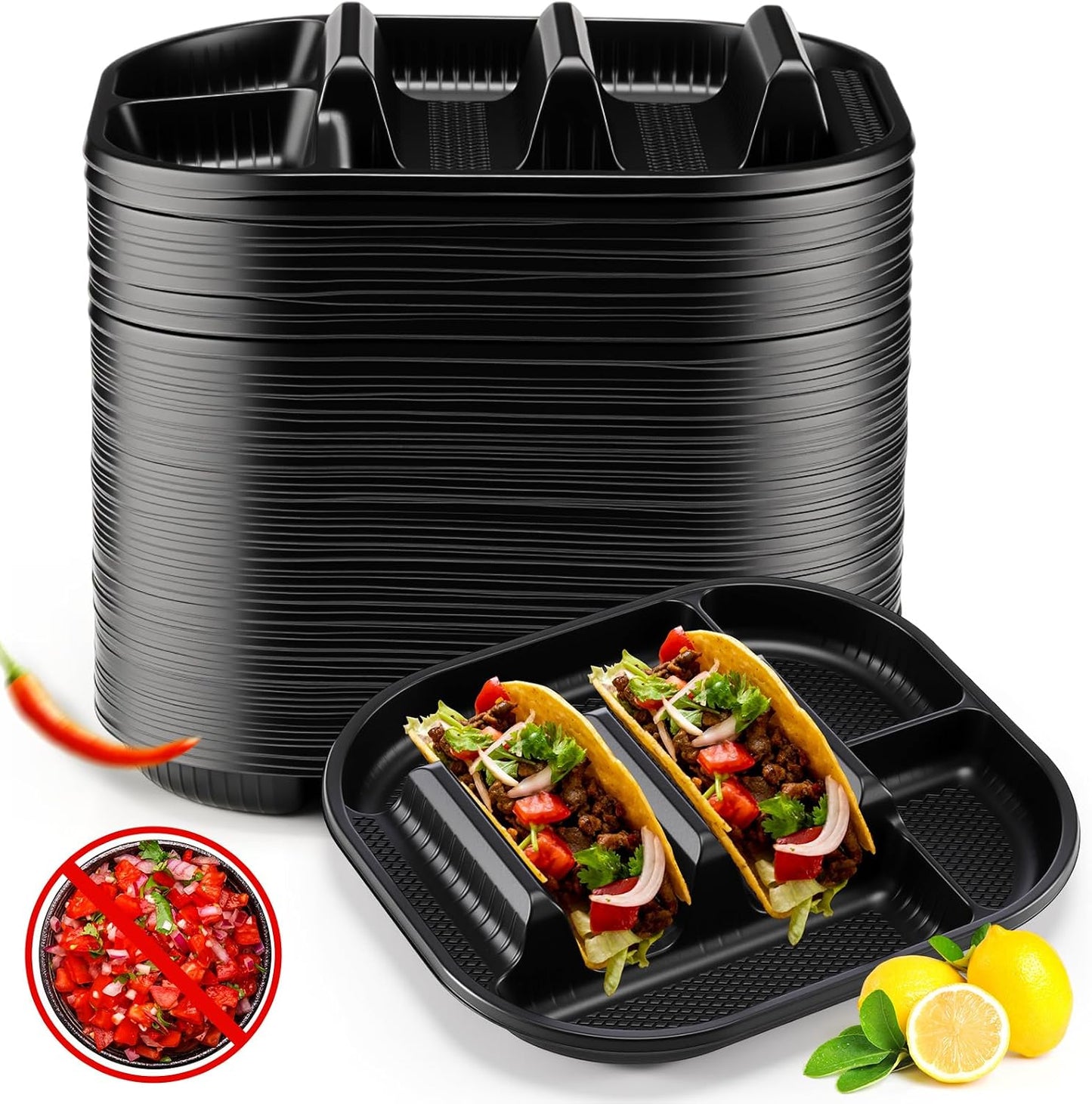 Baderke 40 Pack Disposable Plastic Taco Plates, Fiesta Tacos Holder Tray PP Taco Holder Plates with 2 Dividers for Soft & Hard Shells for Tacos Tuesday Bar, Parties, Picnics (Black)
